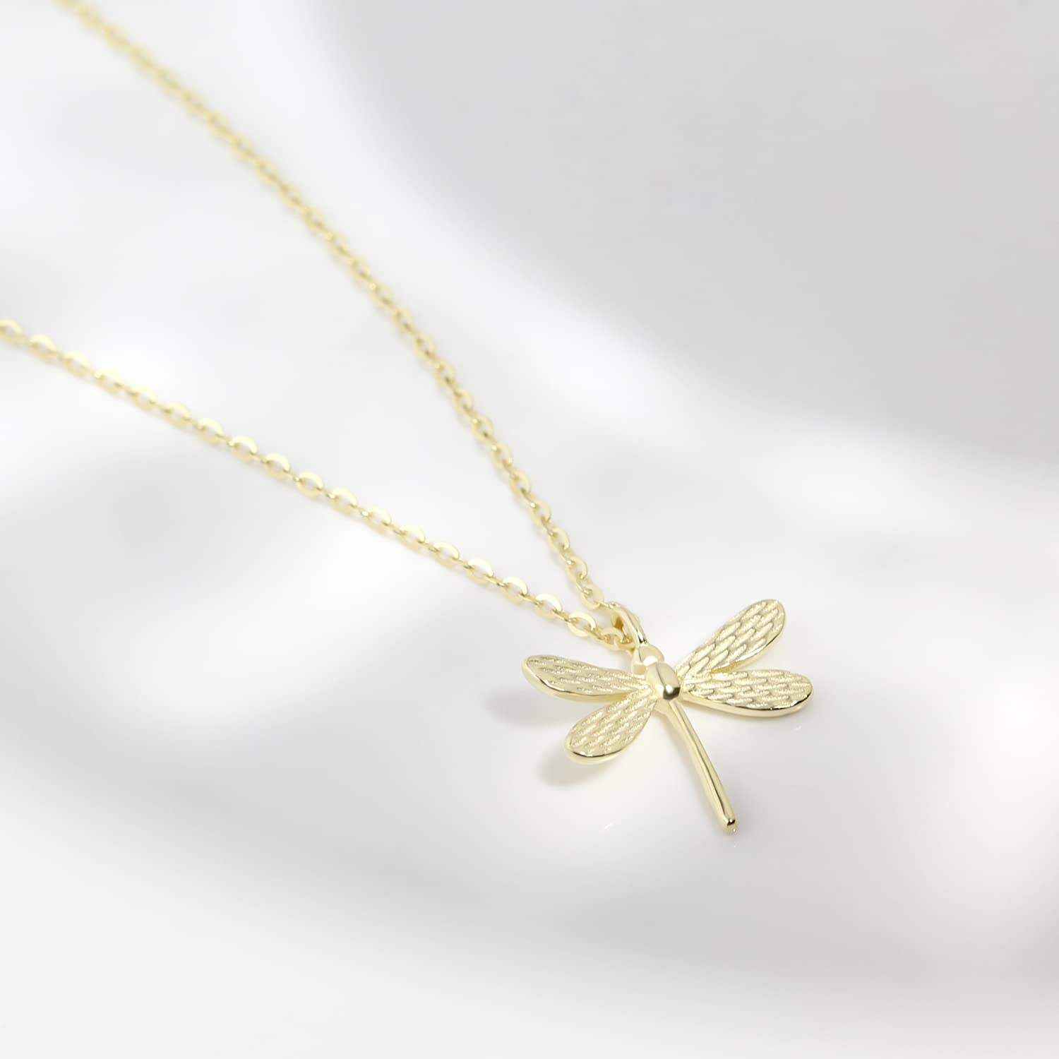 Halskette mit Libellen-Anhänger, Sterlingsilber, für Frauen, zierliche Gold-Roségold-Plissee-Halskette, Schmuck-Geschenk