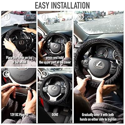 Zento Heated Steering Wheel Cover Upgraded Heated Auto Hand Warmer Steering Wheel Cover for Winter - Comfortable Premium Quality Universal Fit 11-12 inches - 12V Plug-in Hand Warmer