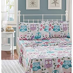Elegant Homes - Juego de sábanas diseño de búhos y Corazones, 4 Piezas, con Fundas de Almohada, sábana Bajera Ajustable para niños y niños, diseño de búho