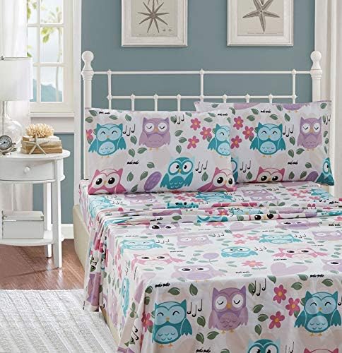 Elegant Homes Multicolor Pink White Blue Purple Cute Beautiful Girls Floral Owl with Hearts Design Fun 4 Piece Printed Sheet Set with Pillowcases Flat Fitted Sheet for Girls/Kids # EH Owl (Full Size)