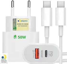 Carregador Turbo 50W + Cabo Tipo C, 2 Entradas USB e USBC, Carrega 2 Dispositivos, Turbo - Fonte e Cabo 50W, i.Phone 15, 16, 17, Galaxy, S.amsung, X.iaiomi, Android, Tecnologia Power Delivery
