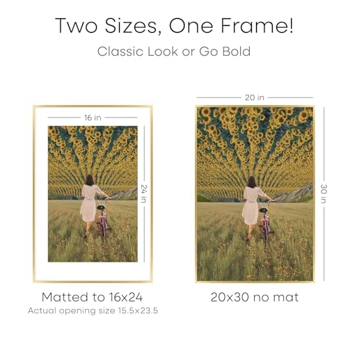 Image of Homeforia 20x30 Poster Frame Gold, High End Metal 20 x 30 Picture Frames with Mat 16 by 24 Photo, 20x30 Gold Frame Matted to 16x24 Print, 30x20 Large Hanging Frames, Tempered Glass, Wall Kit, Set of 1