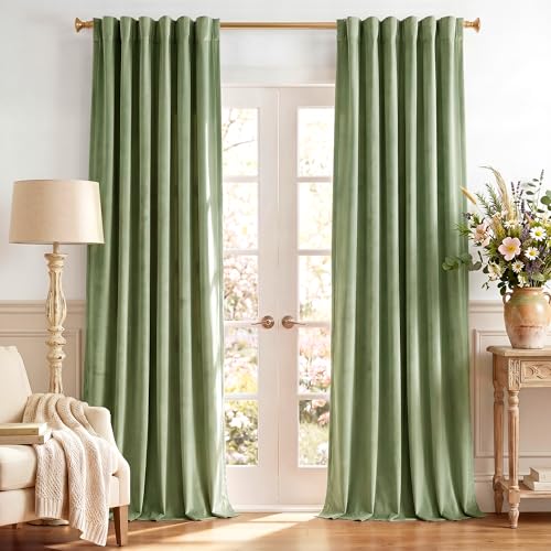 Image of Retro Green Velvet Curtains with Room Darkening, W52xL96, 2 Panels | Farmhouse Super Soft Drapes with Pleat Tape for Living Room, Bedroom, Dining Room, Thermal Insulated, Window Treatment