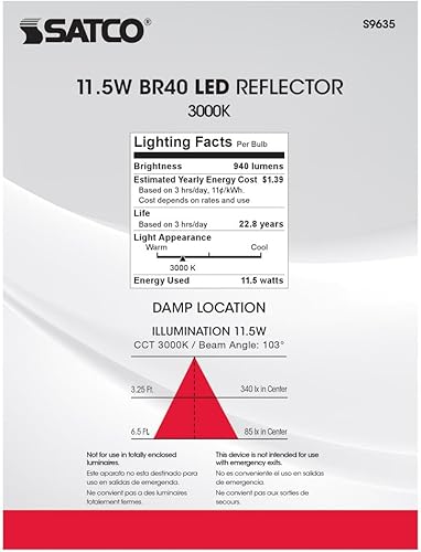 Miniatura 9 de SATCO S9635-11.5 vatios; LED BR40; 3000K; 120 voltios; regulable (paquete de 12)
