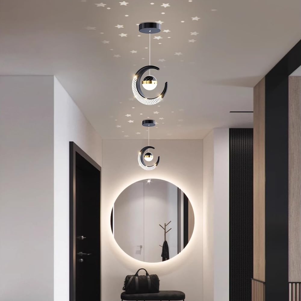 10W LED Lámpara Colgante Lampara Infantil, Lamparas de Araña Luna de Diseño Creativo Forma de Estrella, Dormitorio Lamparas de Techo Habitacion Los Niño Luz Colgante (Negro (Blanco cálido 3000K))
