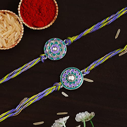 Image of eCraftIndia Multicolor Set of 2 Om Symbol and Peacock Designer Religious Rakhis with Roli Chawal Pack