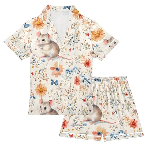 ALAZA Cute Mouse Flower Floral Satin Pajamas Set Short Sleeve Button Down Sleepwear Summer Pjs 2 Piece