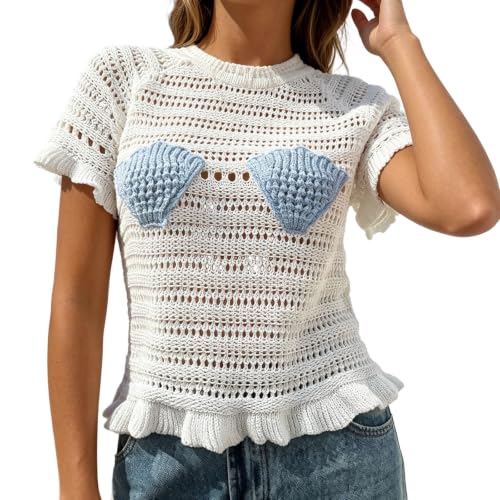 Camiseta de ganchillo calada con cuello redondo estilo jersey de punto sexy