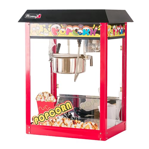 Romux® Palomitera Roja con Tejado Negro de 56x42x76 cm | Máquina de Palomitas Profesional de acero inox y cristal para Ferias - 1440 W y 220 V
