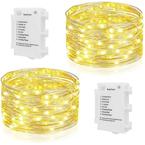 Koopower [2 Pack] 11M 100 LED Battery Operated Outdoor Fairy Lights with Timer, IP65 Waterproof Twinkle Lights, Silver Wire, Warm White Cover