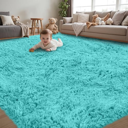 Image of 8x10 Area Rug for Living Room:Ultra Soft Fluffy Shag Teal Blue Rugs,Large Fuzzy Plush Indoor Non Slip Carpet Washable Rug for Bedroom Kids Nursery Office Dorm Modern Decor(Teal Blue 8'x10')