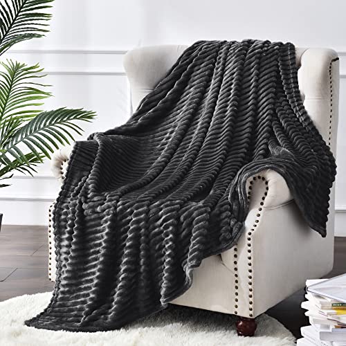 Image of BEDELITE Fleece Blanket Full Size for Couch - 3D Ribbed Jacquard Soft and Warm Decorative Fuzzy Blanket - Cozy, Fluffy, Plush Lightweight Black Throw Blankets for Bed, Sofa, 84x90 inches