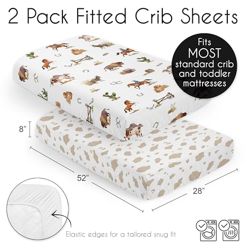Image of Sweet Jojo Designs 2-Piece Baby Crib Sheets Set (Western Cowboy) for Boys, Infant Nursery, Toddler Room - Fitted, Standard Size (Cow Print, Country, Wild West, Southern Charm, Horse, Farm Animal, Tan)