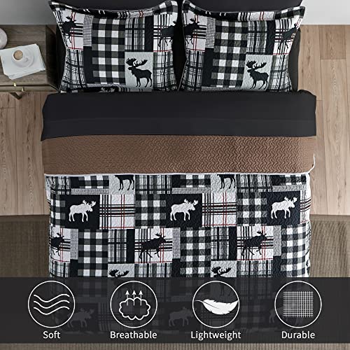 Umchord Cabin Quilt Sets Queen, Christmas Patchwork Rustic Lodge Deer Quilt Bedding Set, All Season Lightweight Reversible Bedspread Coverlet With 2 Pillow Shams (Black, Queen) #TOP2
