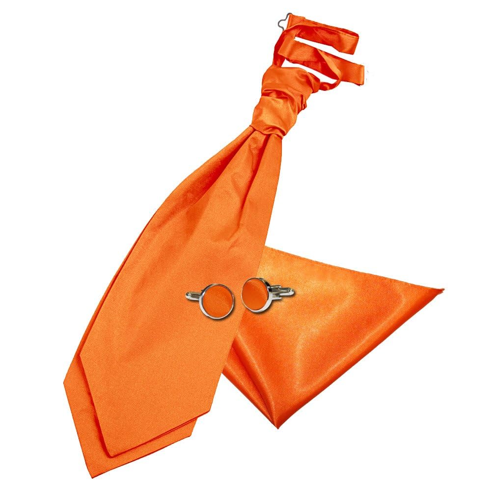 Dqt Men's Burnt Orange Plain Satin Wedding Scrunchie Pre-Tied Cravat, Pocket Square & Cufflinks