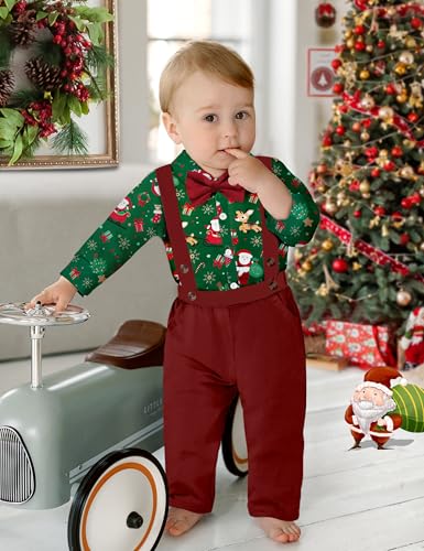Image of Baby Toddler Boy Christmas Outfit Reindeer Printed Detachable Bow Shirt Top Suspenders Pant Sets Boys Christmas Outfit
