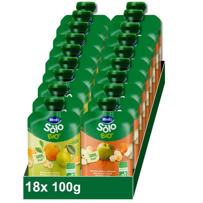 Hero Solo Caja Mixta de Bolsitas, 9 Bolsitas de Manzana, Plátano y Zanahoria y 9 Bolsitas de Plátano, Pera y Naranja, Sin Conservantes ni Colorantes, Partir de los 6 Meses, Pack de 18x100 gr