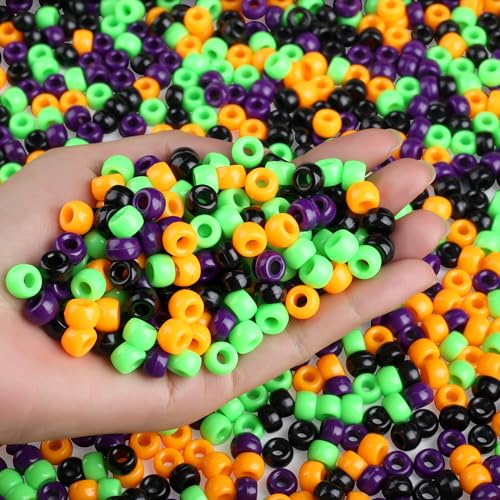 Sahoottie Halloween Pony Beads 1000 Pcs, Plastic Beads for Bracelets Jewelry Bracelets Making, Hair Bead for Braids for Craft, Halloween Gifts for Friend(Black, Purple, Orange, Green)