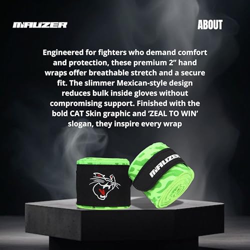 Image of Mexican-Style Boxing Hand Wraps - Breathable Stretch Cotton /Poly, 2 inch Wide with Hook & Loop, CAT Skin Graphic & Zeal to Win Slogan 2.5 Meter