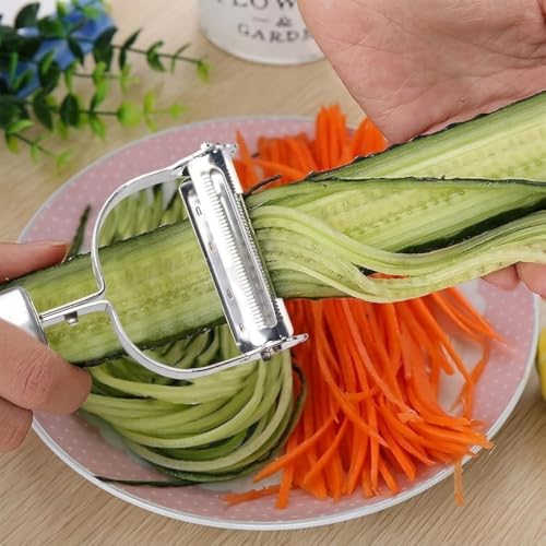 Image of Stainless Steel 2 in 1 Julienne Vegetable Peeler Multi-Functional Fruit Vegetable Shredder Slicer Double Planing Cutter Potato Cucumber Carrot Melon Grater [ 1-pcs ]