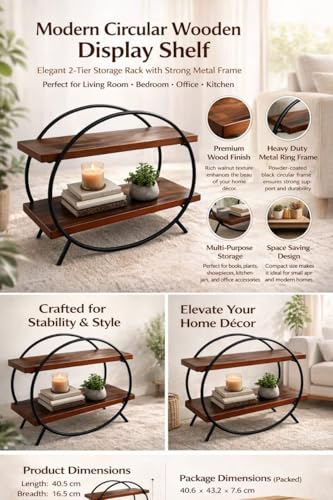 Image of Kitchen Organizer Rack - Wooden Kitchen Shelf, Rack for Kitchen Storage, Circular Countertop Spice Organizer, Mango Wood & Iron, Space Saving (40.5 x 16.5 x 37 cm)