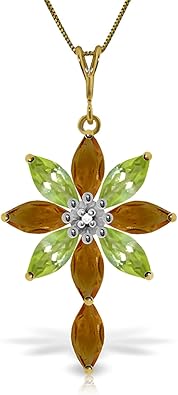 Galaxy Gold GG 14K Solid Gold Natural Citrine, Peridot and Diamond Pendant Necklace - Multi-Stone Fine Jewelry, 14-24 Inch, Fine Jewelry for Women