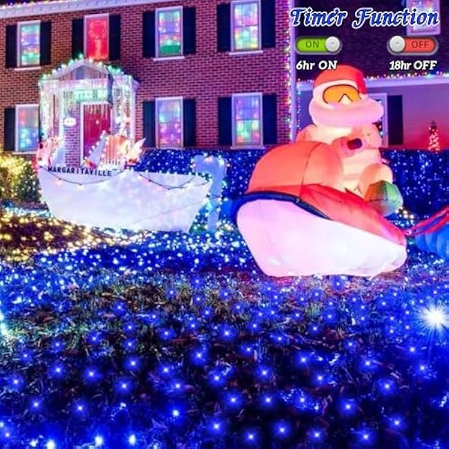 QITONG Blue Net Lights Outdoor Mesh Lights, 12ft x 5ft 360 LED Christmas Light with 8 Modes, Clear Wire Tree Bush Light Plug in