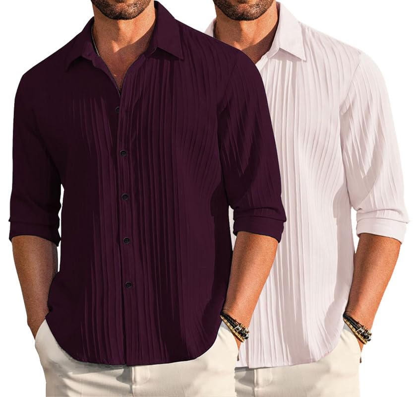 Image of DEELMO Combo of Men's Casual Button Down Shirts Long Sleeve Linen Shirt Fashion Textured Summer Shirts Pack of 2
