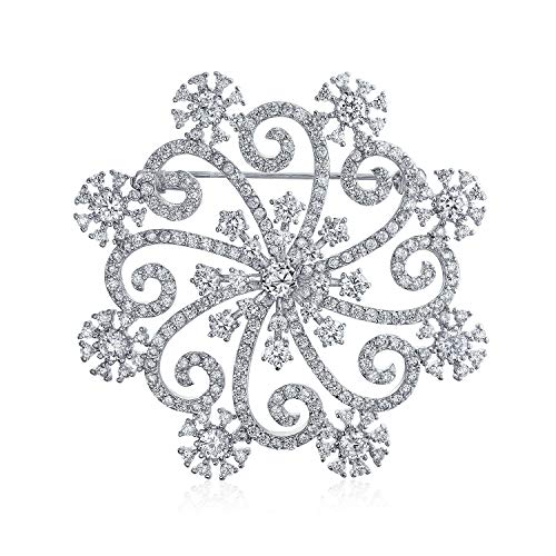 Large Frozen Winter Swirl Holiday Party Cz Cubic Zirconia Scarf Christmas Statement Snowflake Brooch Pin For Women Silver Plated Brass #TOP29