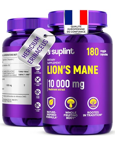 Lion's Mane - Gélules de crinière de lion 10 000 mg – Extrait de champignon Hericium Erinaceus 10:1 – Naturel et sans OGM (180 capsules)