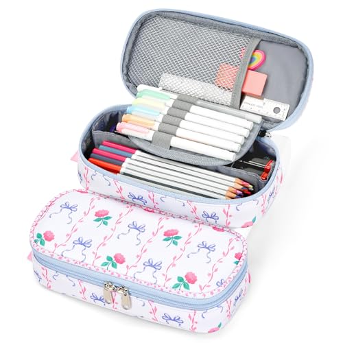 Image of mibasies Girls Pencil Case for Kids, Multi-Slot Pencil Pouch, Bowknot Rose Sky Blue