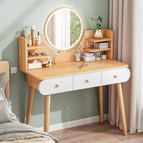 3D-Holz-Make-up-Schminktisch mit Spiegel, 3 Schubladen, Massivholzmöbel für Schlafzimmer, stilvoller Schminktisch für Schlafzimmer, Dekoration,...