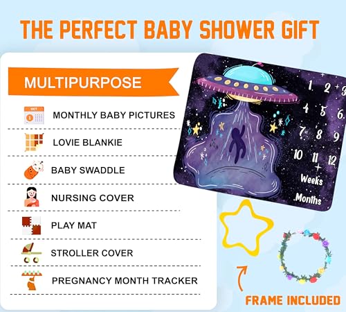 Image of UFO Baby Monthly Milestone Blanket, 48x48in Soft Flannel, Alien Round Spaceship, Newborn Mom Gifts, Baby Shower Age Growth Tracker with Bonus Maker (Purple, 48x48in)