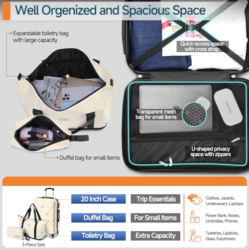 Hoteel Luggage Sets 3 Piece, 4-Yr Warranty ABS+PC Hard Shell Suitcases with Wheels, TSA Aproved Lock and Carry on Bags, Travel Suit Case Set for Men and Women, (3-Piece, Beige)3