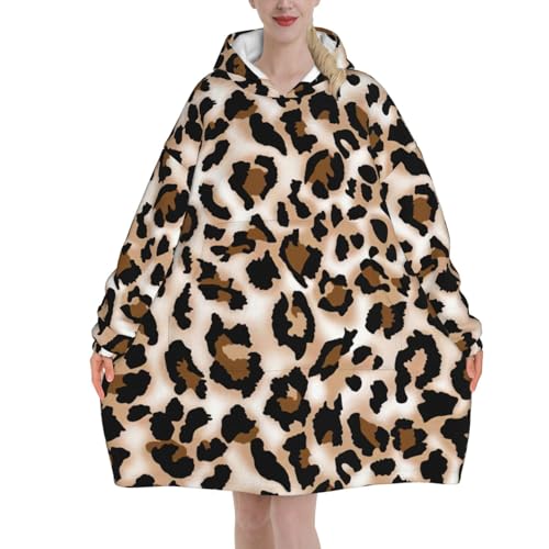 Manta de franela con estampado de leopardo, con capucha y bolsillo canguro para clima frío