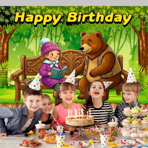Image of Bear Theme Birthday Backdrop | Forest Friends Happy Birthday Banner | Cute Animal Party Decoration | Kids Photo Booth Background (Pack of 1, Size: 4x3 Feet)