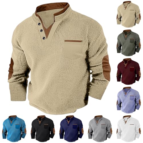 Men's Waffle Sweatshirt Casual Knit Pullover Stylish Cozy Button V Neck Long Sleeve Henley Shirts with Elbow Patches Beige 3XL