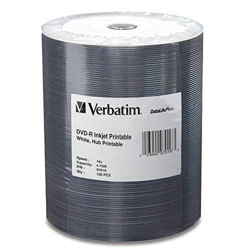 Verbatim 4.7GB up to 16x DataLifePlus White Inkjet Hub Printable Recordable Disc DVD-R 100-Disc Tape Wrap 97016 3-Pack