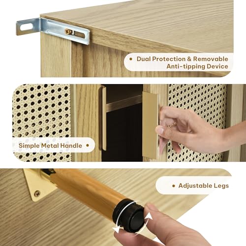 DWVO 4 Door Dressers Storage Cabinet Natural Rattan Oak Wooden Chest with Golden Handles - Modern Large Closet Boho for Living Room/Hallway/Entryway