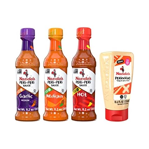 Nando's PERi-PERi Sauce Mixed Pack - Medium, Hot, Garlic, and PERinaise Original | Gluten Free | Non GMO, 9.1 oz and 8.6 oz (4 Pack) Cover