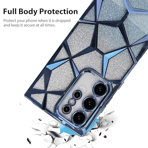 Image of VONZEE Gradient Glitter Clear Case for Samsung S25 Ultra, Luxury Electroplated 3D Cube, Diamond Bling Shiny Soft TPU Clear Shockproof Women Girls Protective Phone Cover (Sierra Blue)