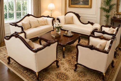 Image of CLASSIC WOOD & CRAFT Luxury Wooden Sofa Set with Center Table | Hand-Carved Solid Teak Wood Sofa Set with Upholstery | Royal Living Room Furniture for Home (Cream Dark Walnut 11 Seater)