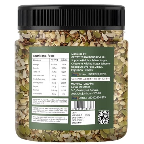 Image of Growfitz 5 -in-1 Super Seed Mix | 250g | 20.5g High Protein & Fiber | Roasted Pumpkin, Sunflower, Flax, Chia, Soy Nuts & Sesame | Healthy Snack | Export Quality Superfood