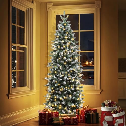 6-Ft-Prelit-Slim-Fraser-Fir-Artificial-Christmas-Tree-with-UL-250-Warm-WhiteColorful-Lights-Timer-8-Mode856-Lifelike-PVC-Branch-Tips36-PineconeMetal-Stand-Hinged-BranchesSkinny-Pencil-Xmas-Tree 6 Ft Prelit Slim Fraser Fir Artificial Christmas Tree with UL 250 Warm WhiteColorful Lights Timer 8 Mode856 Lifelike PVC Branch Tips36 PineconeMetal Stand Hinged BranchesSkinny Pencil Xmas Tree