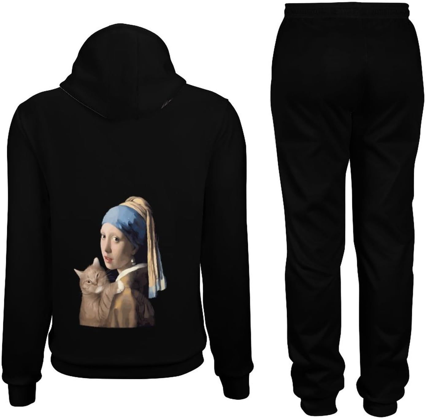 [Senar] 面白い 猫 ヨハネス・フェルメール 真珠の耳飾りの少女 スウェット パーカー 上下セット メンズ トレーナー 長袖