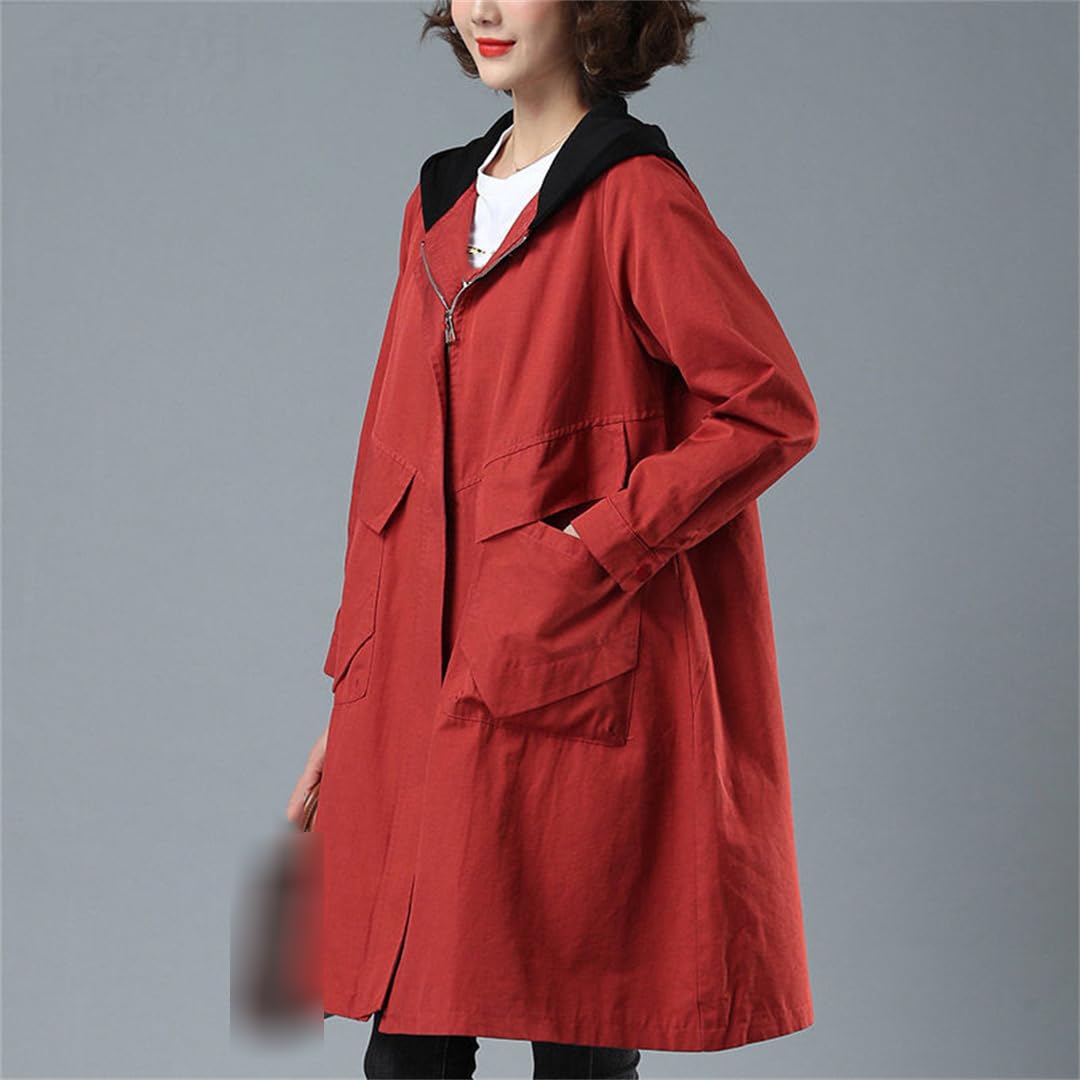 Primavera E Autunno Trench Da Donna Di Mezza Lunghezza Con Cappuccio Cerniera Giacca Allentata Donna Cappotto Di Mezza Età