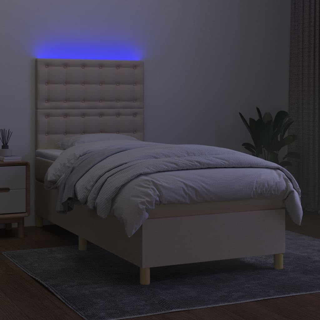 Tkanina z regulowanym zagłówkiem LED 90x190 cm kremowy | Łóżko kontynentalne z materacem 90x190 cm, kremowe, tkanina, z zagłówkiem i LED, z pojemnikiem, do sypialni, pokoju