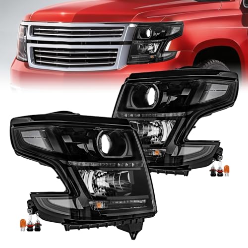 MerveilLuz LED DRL Projector Headlights Assembly Compatible with 2015-2020 Chevy Tahoe/Suburban Halogen Headlamps w/Bulbs Black Housing Clear Reflector Driver and Passenger Side