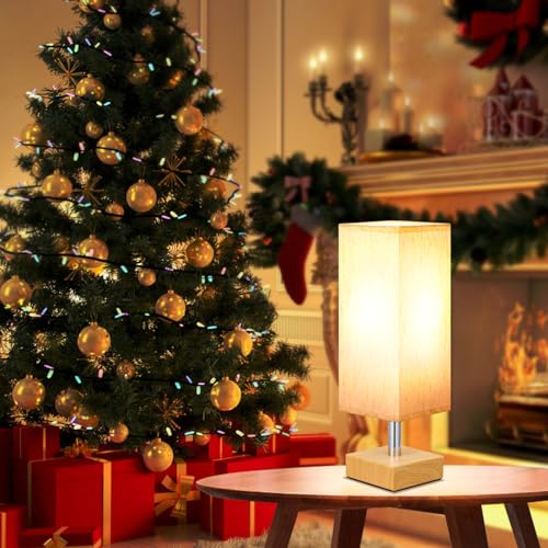 Image of Wood-Grain Small Bedside Lamp for Bedroom - Square Cream Fabric Shade | Inline Rocker Switch, Corded Electric, Bulb Not Included, 12.8 inch Mini Table Lamp for Nightstand, Desk, Dorm, Office