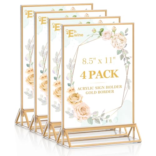EHWINE 4 Pack Acrylic Sign Holder 8.5 x 11, Double Sided Gold Picture Frame Stand up Table Top Sign Holders, Clear Display Stand Menu Flyer Holder for Wedding Party (Provide Non-slip Mats)